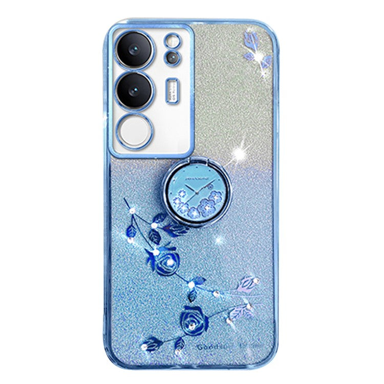 KADEM For vivo S17 Pro 5G Flower Pattern TPU Phone Case Ring Kickstand Gradient Glitter Back Cover - Blue