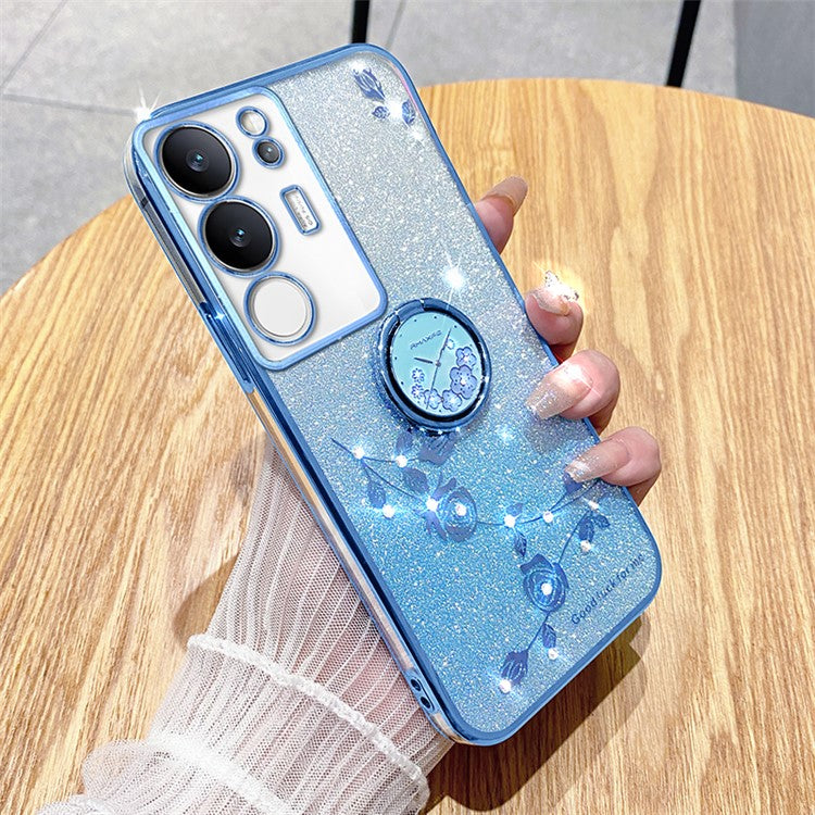 KADEM For vivo S17 Pro 5G Flower Pattern TPU Phone Case Ring Kickstand Gradient Glitter Back Cover - Blue