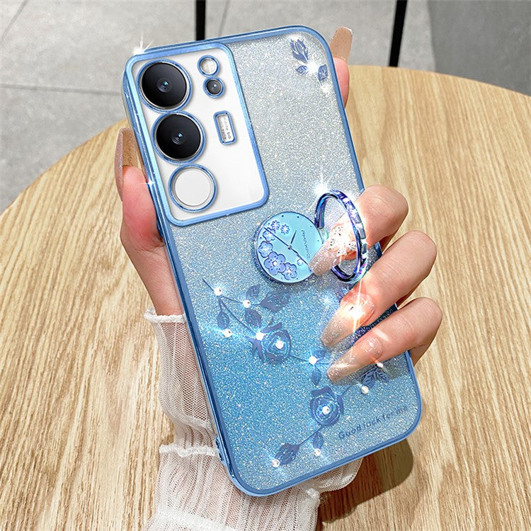 KADEM For vivo S17 Pro 5G Flower Pattern TPU Phone Case Ring Kickstand Gradient Glitter Back Cover - Blue