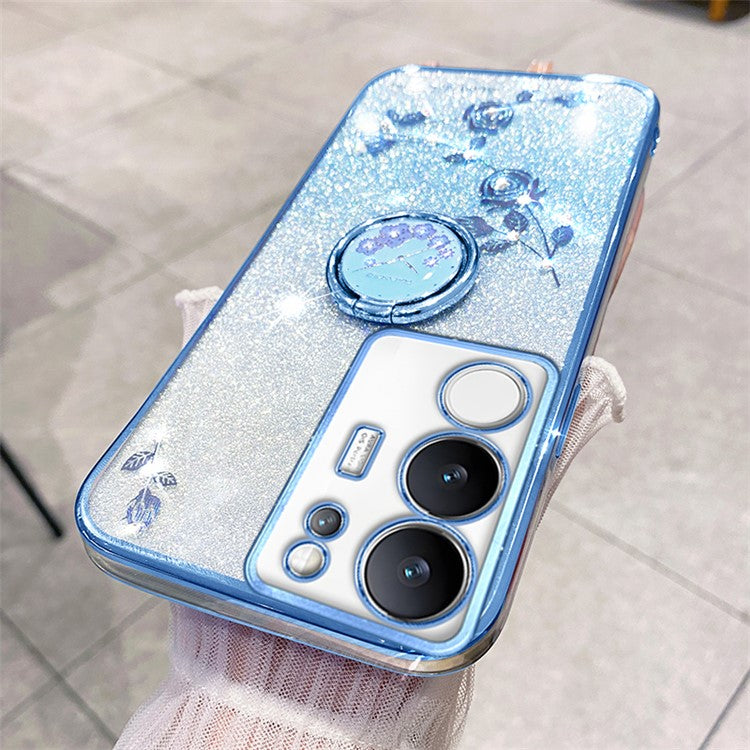 KADEM For vivo S17 Pro 5G Flower Pattern TPU Phone Case Ring Kickstand Gradient Glitter Back Cover - Blue