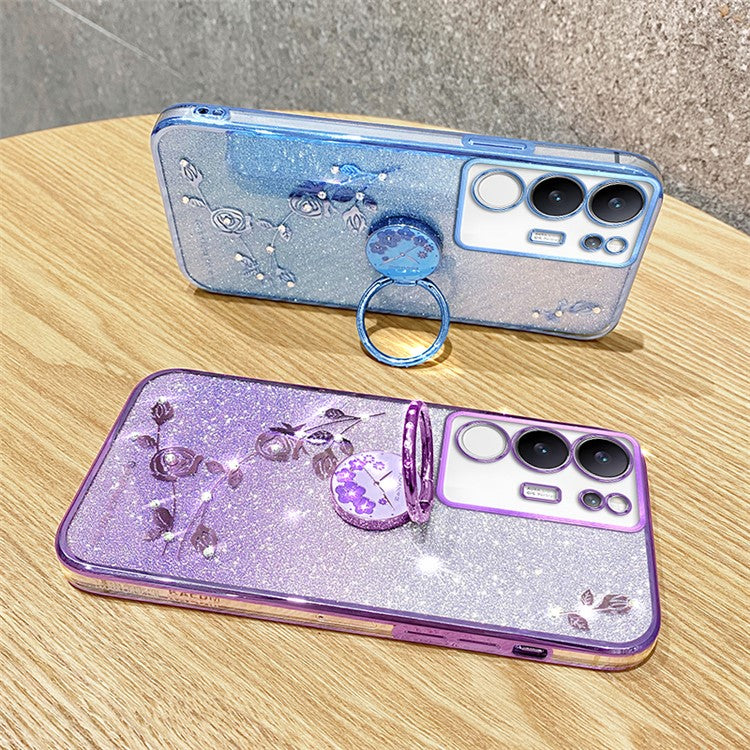 KADEM For vivo S17 Pro 5G Flower Pattern TPU Phone Case Ring Kickstand Gradient Glitter Back Cover - Blue