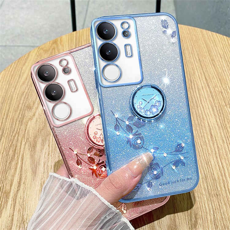 KADEM For vivo S17 Pro 5G Flower Pattern TPU Phone Case Ring Kickstand Gradient Glitter Back Cover - Blue