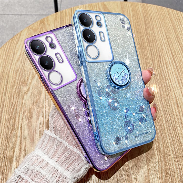 KADEM For vivo S17 Pro 5G Flower Pattern TPU Phone Case Ring Kickstand Gradient Glitter Back Cover - Blue