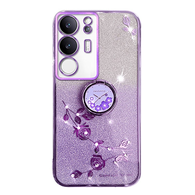 KADEM For vivo S17 Pro 5G Flower Pattern TPU Phone Case Ring Kickstand Gradient Glitter Back Cover - Purple