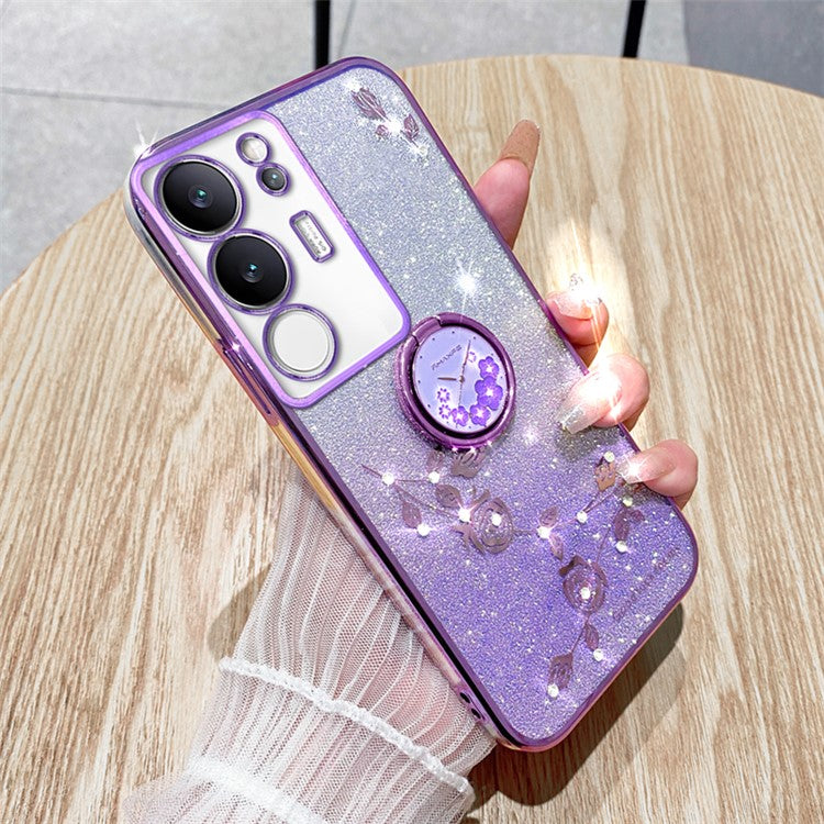 KADEM For vivo S17 Pro 5G Flower Pattern TPU Phone Case Ring Kickstand Gradient Glitter Back Cover - Purple