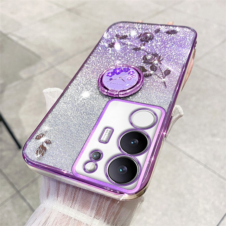 KADEM For vivo S17 Pro 5G Flower Pattern TPU Phone Case Ring Kickstand Gradient Glitter Back Cover - Purple