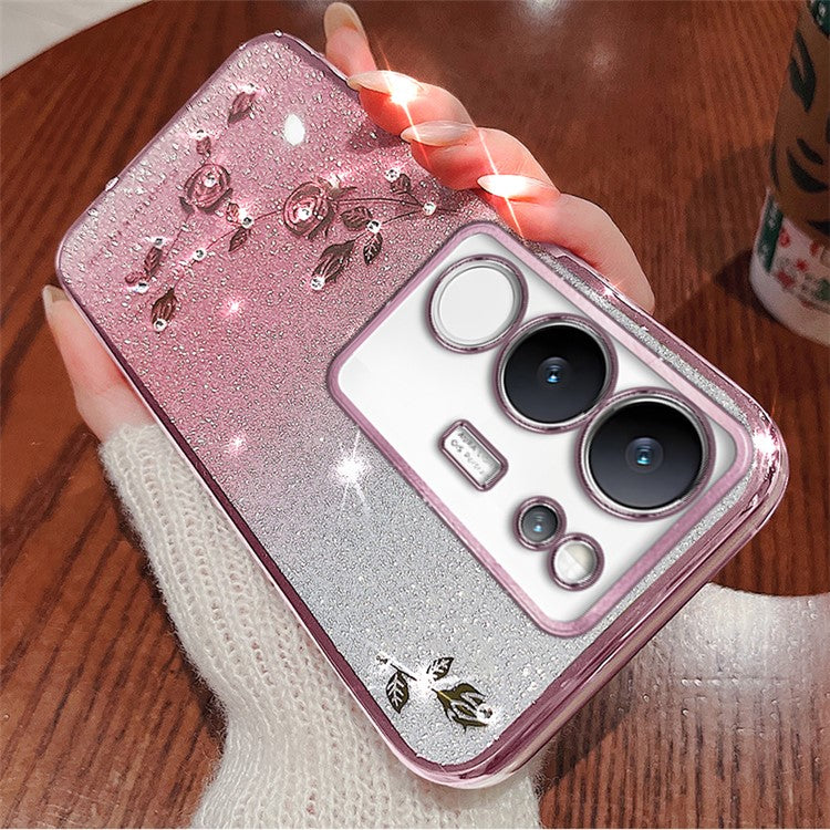 KADEM For vivo S17 Pro 5G Rhinestone Flower Gradient TPU Cover Glitter Anti-scratch Phone Case - Rose Gold