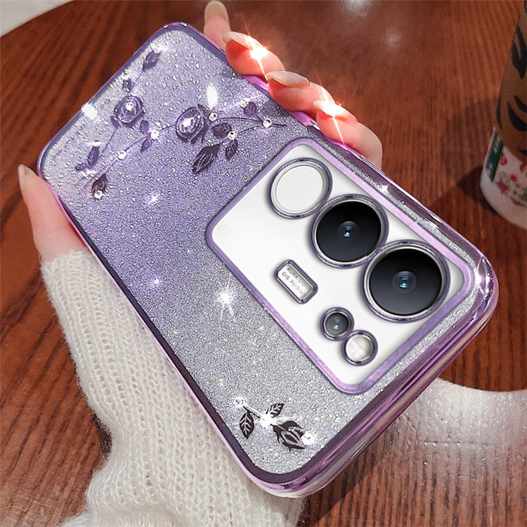 KADEM For vivo S17 Pro 5G Rhinestone Flower Gradient TPU Cover Glitter Anti-scratch Phone Case - Purple