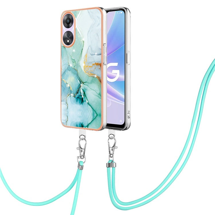 YB IMD Series-9 For Oppo A78 / A58 5G Electroplating Frame TPU Cover IMD Marble Pattern Phone Case with Lanyard - Green 003