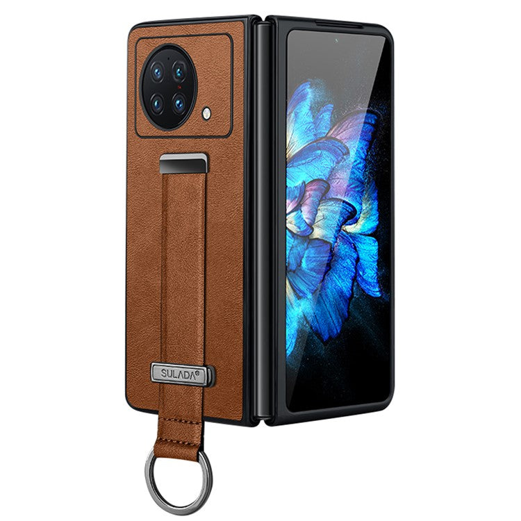 SULADA Fashion Series for vivo X Fold Wristband Kickstand Phone Case PU Leather+PC Anti-Scratch Cover - Brown