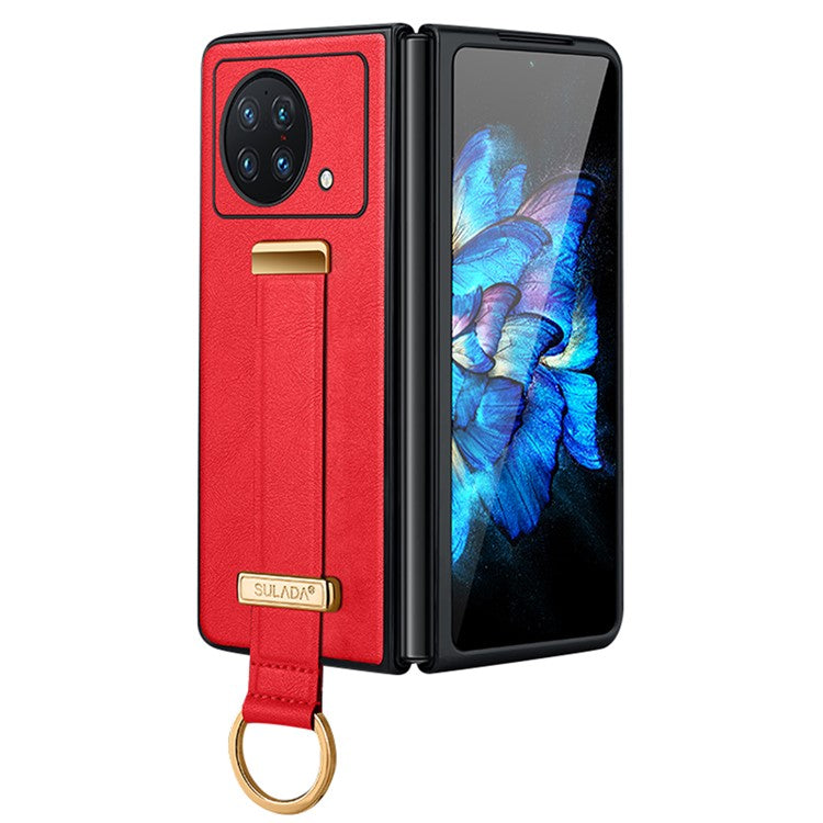 SULADA Fashion Series for vivo X Fold Wristband Kickstand Phone Case PU Leather+PC Anti-Scratch Cover - Red