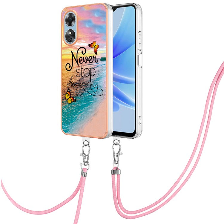 YB IMD Series-4 for Oppo A17 4G Marble Flower Pattern Design Case IMD TPU Electroplating Phone Cover with Lanyard - Never Stop Dreaming