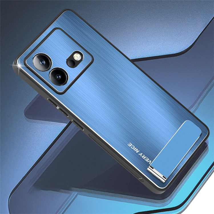 For vivo iQOO Neo8 5G Brushed Back Case Aluminium Alloy Back TPU Frame Kickstand Phone Cover - Blue