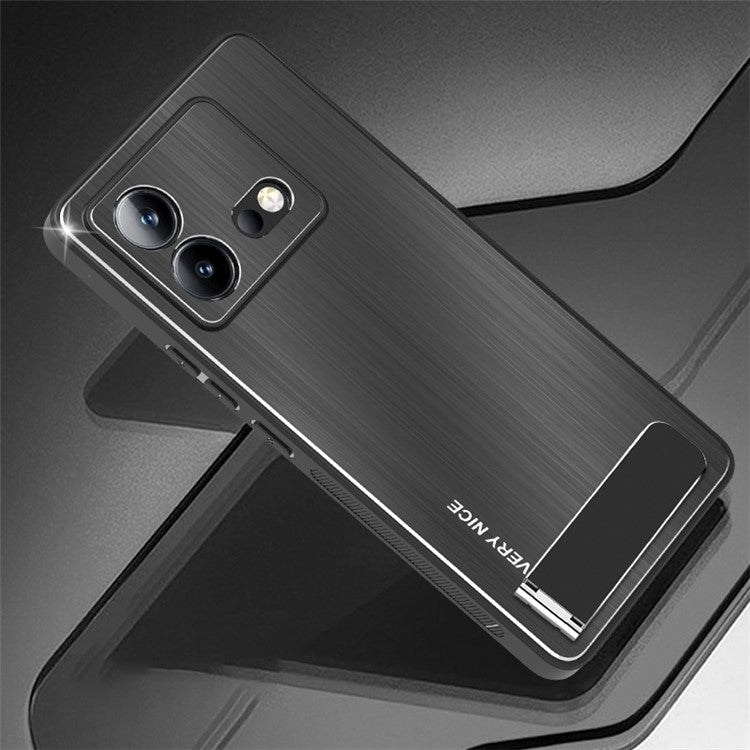 For vivo iQOO Neo8 5G Brushed Back Case Aluminium Alloy Back TPU Frame Kickstand Phone Cover - Black