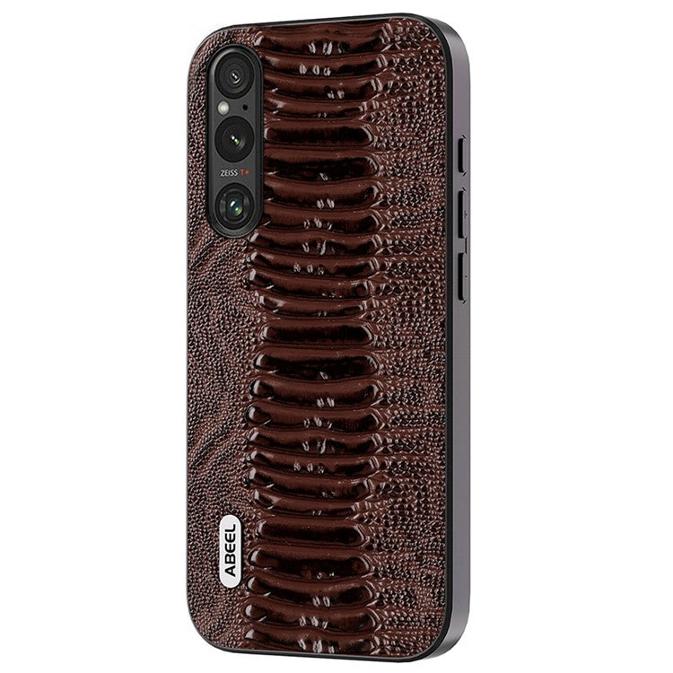 ABEEL For Sony Xperia 1 IV 5G Anti-drop Crocodile Texture PC+TPU Phone Case Genuine Cow Leather Coated Cover - Coffee