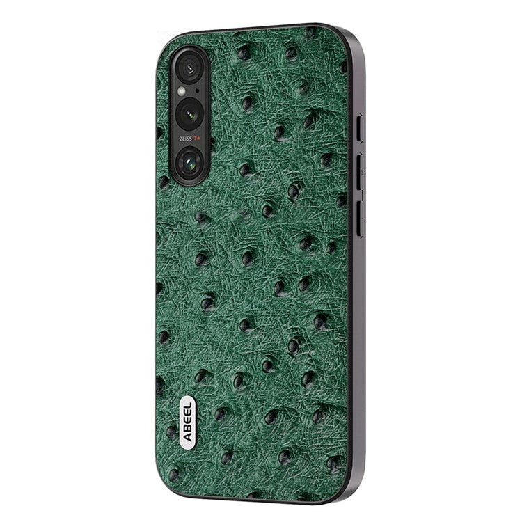 ABEEL For Sony Xperia 1 V Ostrich Texture Genuine Cow Leather Coated Phone Case PC+TPU Back Cover - Green