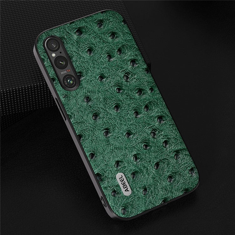 ABEEL For Sony Xperia 1 V Ostrich Texture Genuine Cow Leather Coated Phone Case PC+TPU Back Cover - Green