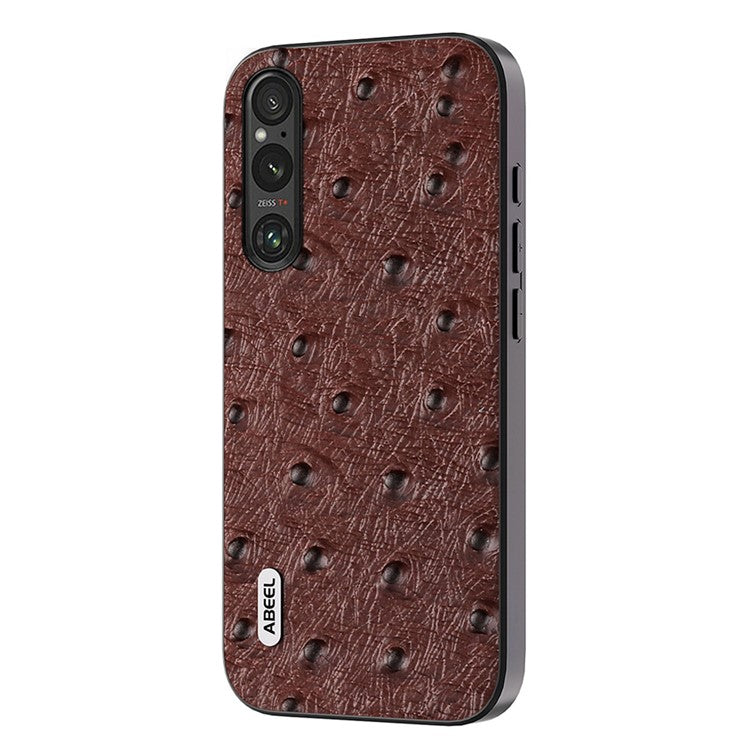 ABEEL For Sony Xperia 1 V Ostrich Texture Genuine Cow Leather Coated Phone Case PC+TPU Back Cover - Coffee