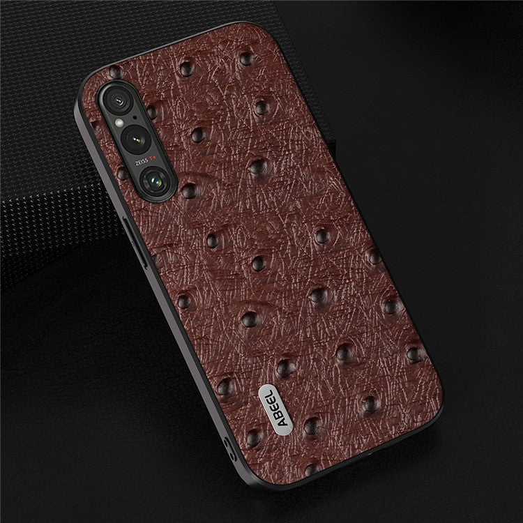 ABEEL For Sony Xperia 1 V Ostrich Texture Genuine Cow Leather Coated Phone Case PC+TPU Back Cover - Coffee