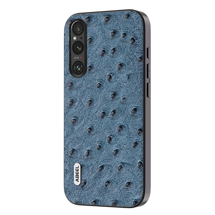 ABEEL For Sony Xperia 1 V Ostrich Texture Genuine Cow Leather Coated Phone Case PC+TPU Back Cover - Blue