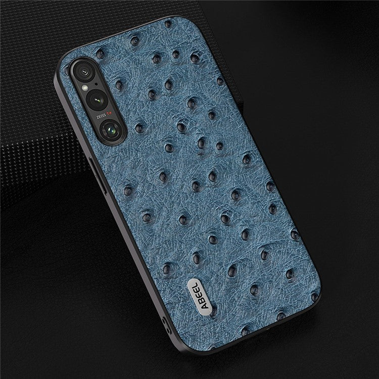 ABEEL For Sony Xperia 1 V Ostrich Texture Genuine Cow Leather Coated Phone Case PC+TPU Back Cover - Blue