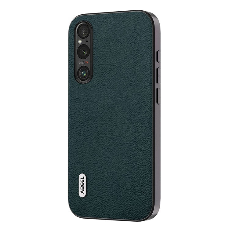 ABEEL For Sony Xperia 1 V PC+TPU Genuine Cow Leather Coated Cover Litchi Texture Phone Case - Midnight Green