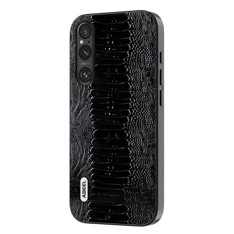 ABEEL For Sony Xperia 1 V Genuine Cow Leather Coated Phone Cover Crocodile Texture PC+TPU Back Case - Black