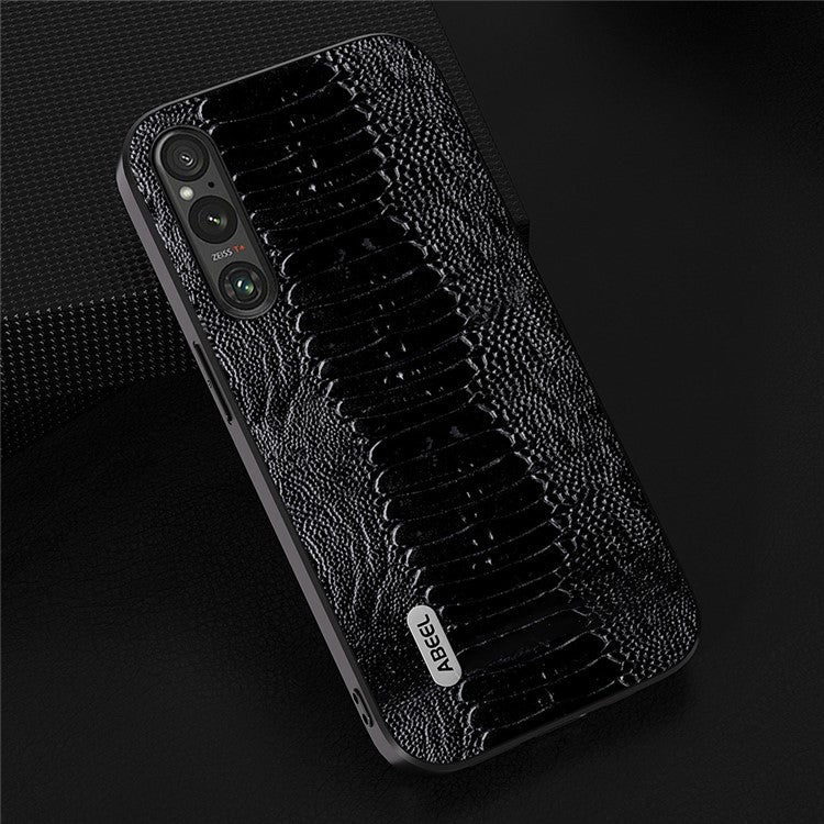 ABEEL For Sony Xperia 1 V Genuine Cow Leather Coated Phone Cover Crocodile Texture PC+TPU Back Case - Black