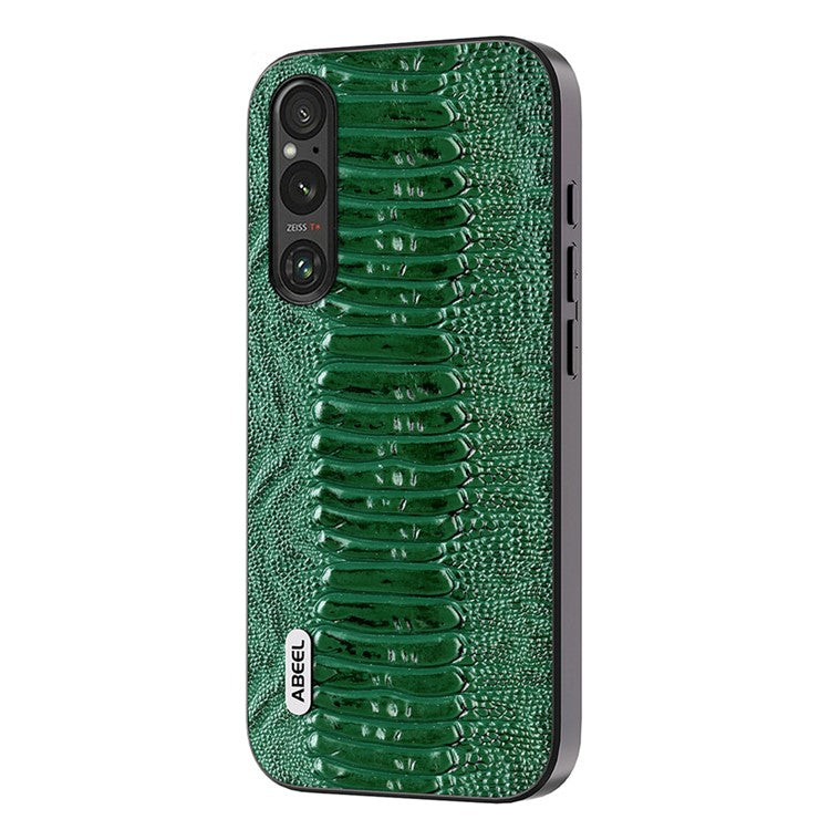 ABEEL For Sony Xperia 1 V Genuine Cow Leather Coated Phone Cover Crocodile Texture PC+TPU Back Case - Green