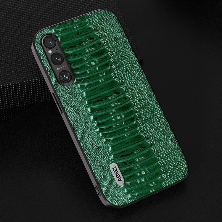 ABEEL For Sony Xperia 1 V Genuine Cow Leather Coated Phone Cover Crocodile Texture PC+TPU Back Case - Green