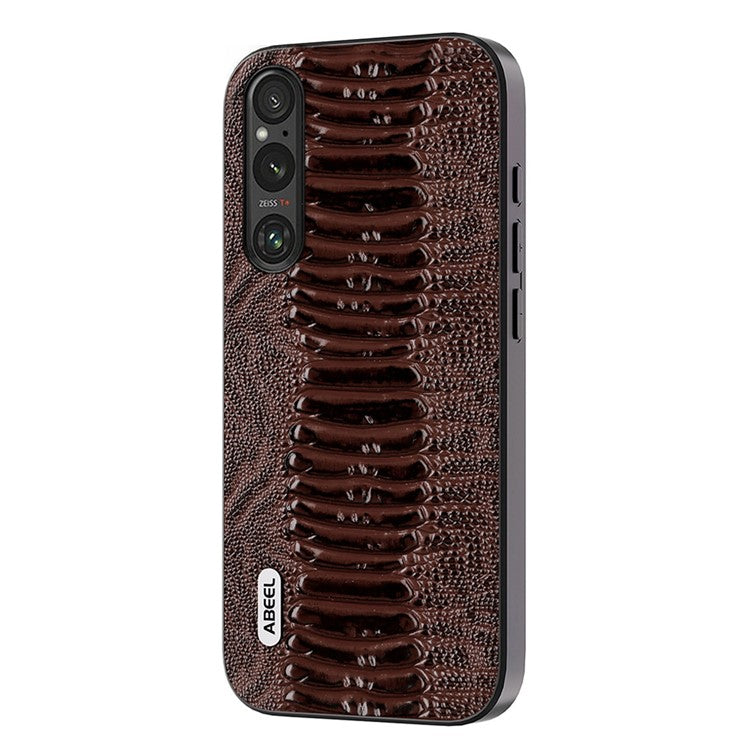 ABEEL For Sony Xperia 1 V Genuine Cow Leather Coated Phone Cover Crocodile Texture PC+TPU Back Case - Coffee