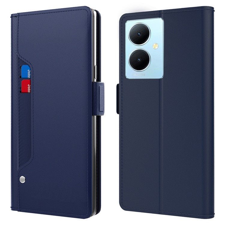 For vivo Y78+ 5G Card Holder Phone Stand Cover Shockproof PU Leather Cell Phone Case with Mirror Design for Makeup - Blue