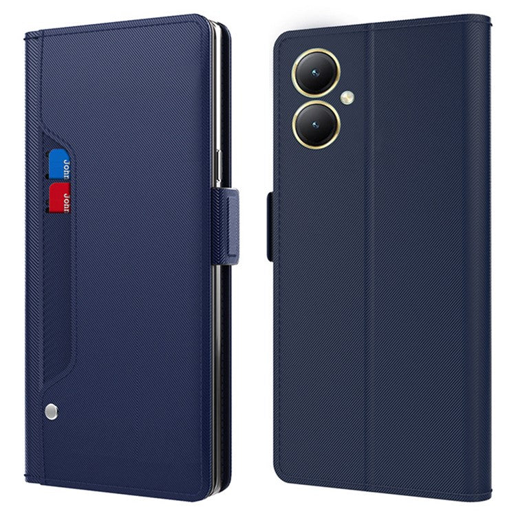 For vivo Y35+ 5G Anti-Scratch Mirror Design PU Leather Stand Case Card Slot Mobile Phone Cover - Blue