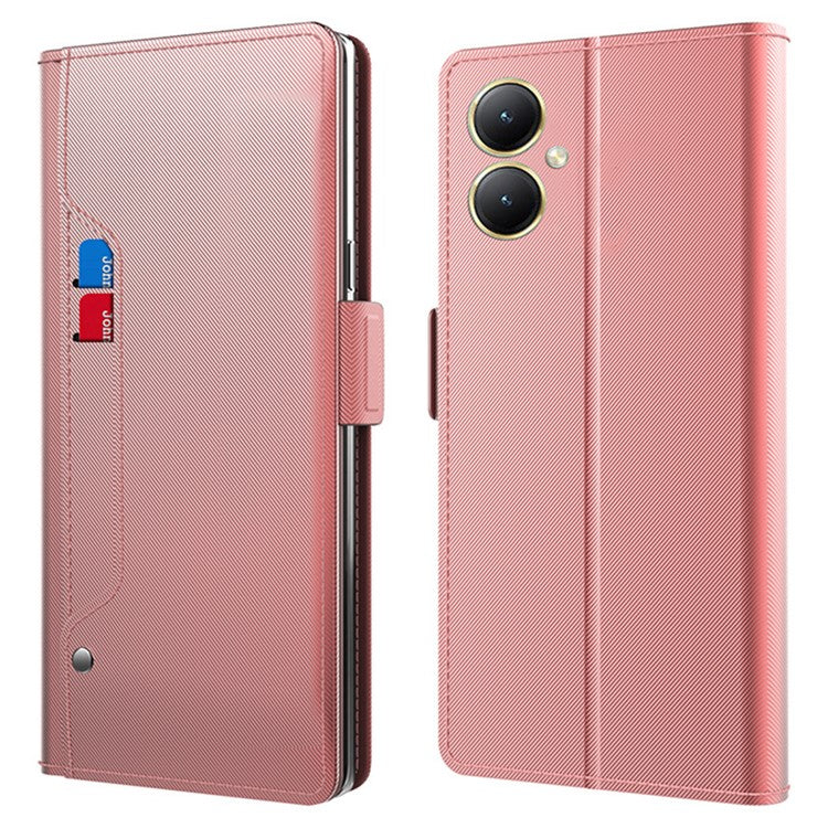 For vivo Y35+ 5G Anti-Scratch Mirror Design PU Leather Stand Case Card Slot Mobile Phone Cover - Rose Gold