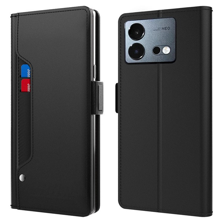 For vivo iQOO Neo8 5G Built-in Mirror Phone Cover Ultra-thin PU Leather Card Holder Magnetic Phone Case - Black