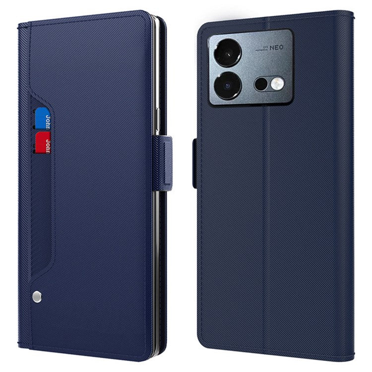 For vivo iQOO Neo8 5G Built-in Mirror Phone Cover Ultra-thin PU Leather Card Holder Magnetic Phone Case - Blue