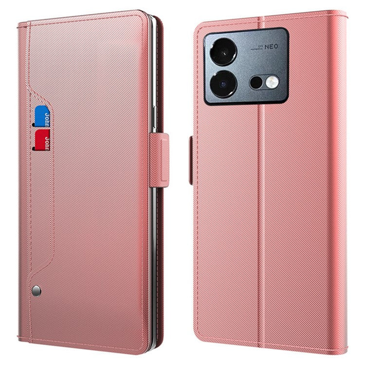 For vivo iQOO Neo8 5G Built-in Mirror Phone Cover Ultra-thin PU Leather Card Holder Magnetic Phone Case - Rose Gold