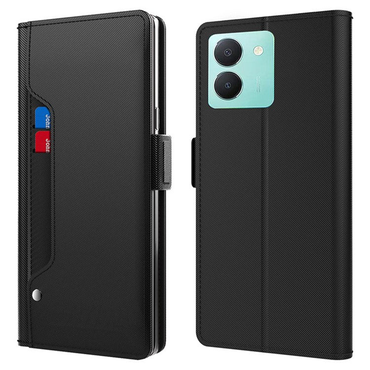 For vivo Y36 4G (Global) / 5G (Global) Mirror Design Magnetic Flip Case Card Holder Dustproof PU Leather + TPU Phone Stand Cover - Black