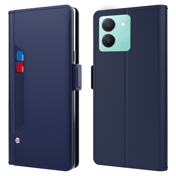 For vivo Y36 4G (Global) / 5G (Global) Mirror Design Magnetic Flip Case Card Holder Dustproof PU Leather + TPU Phone Stand Cover - Blue