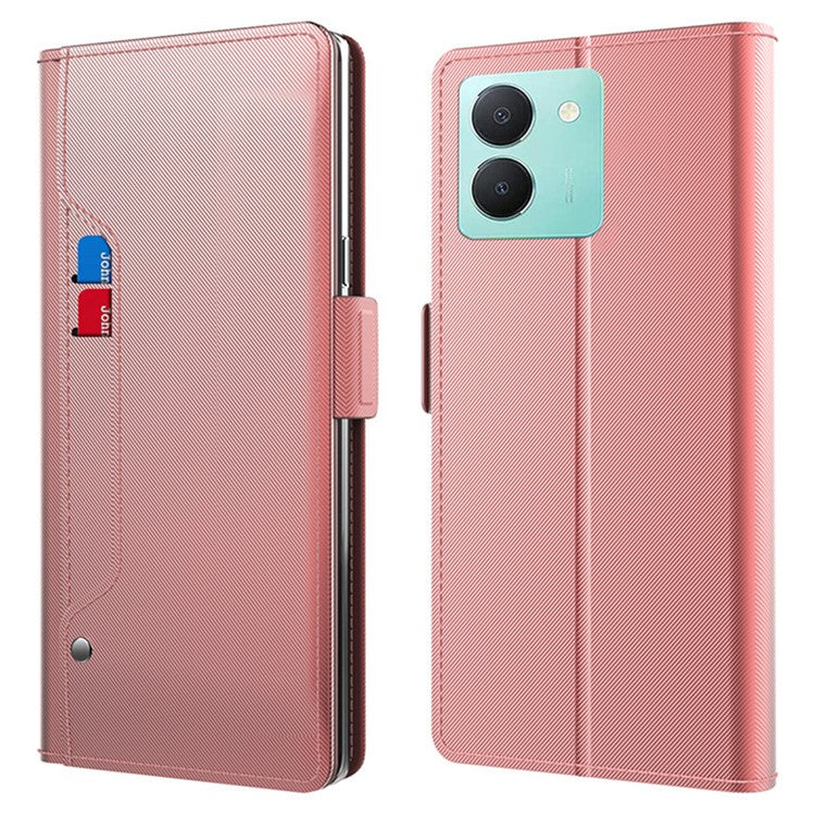 For vivo Y36 4G (Global) / 5G (Global) Mirror Design Magnetic Flip Case Card Holder Dustproof PU Leather + TPU Phone Stand Cover - Rose Gold