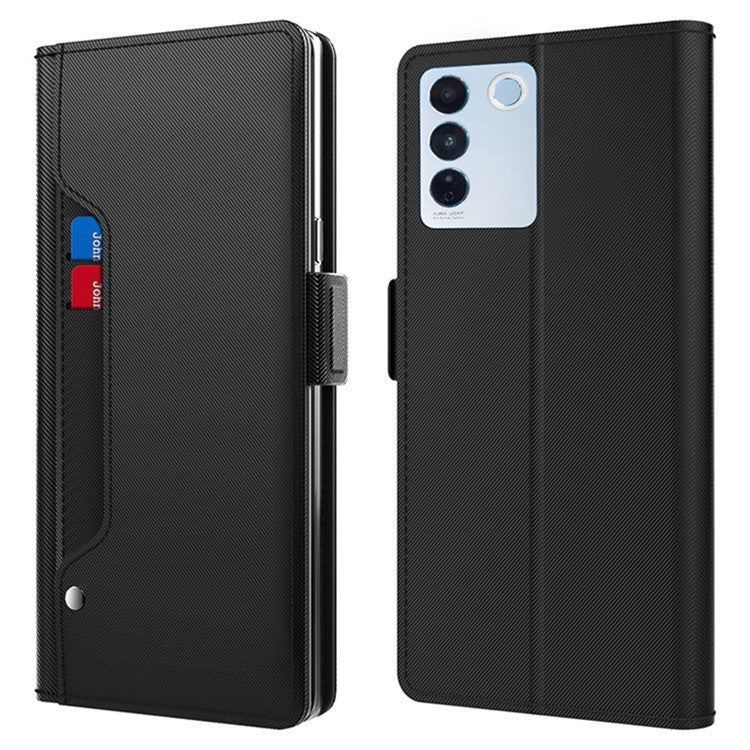 Shockproof Phone Case for vivo V27 Pro 5G , Magnetic Mirror Design Card Holder Cell Phone Cover - Black