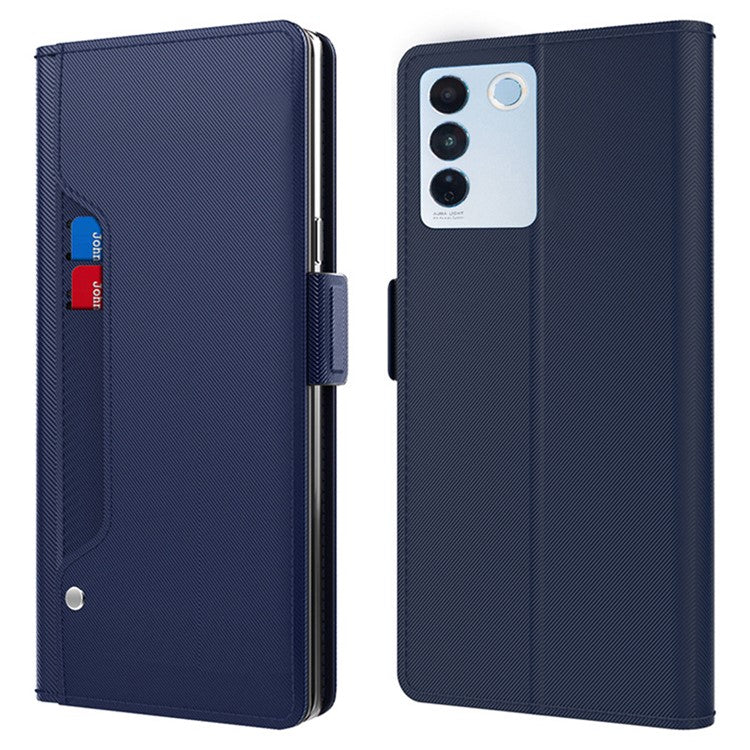 Shockproof Phone Case for vivo V27 Pro 5G , Magnetic Mirror Design Card Holder Cell Phone Cover - Blue