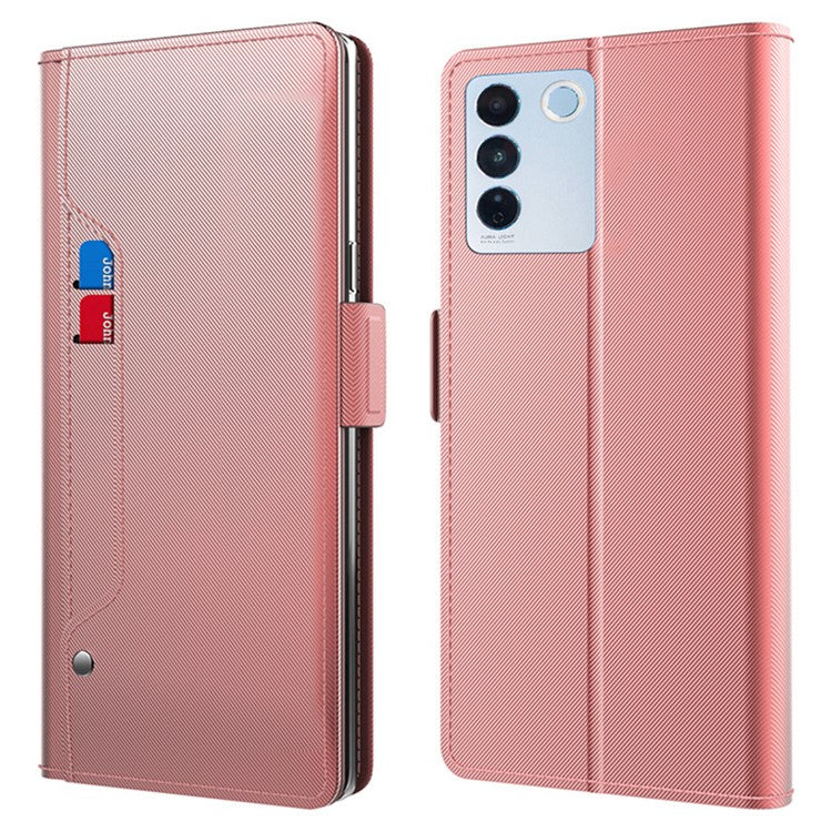 Shockproof Phone Case for vivo V27 Pro 5G , Magnetic Mirror Design Card Holder Cell Phone Cover - Rose Gold