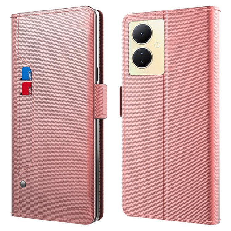 For vivo V29 Lite 5G Slim-Fit Phone Stand Case Card Holder Cell Phone Cover Mirror Design PU Leather Shell - Rose Gold