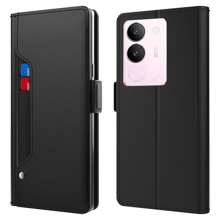 For vivo S17 5G Magnetic Closure Stand Case Mirror Design Card Holder PU Leather Phone Cover - Black