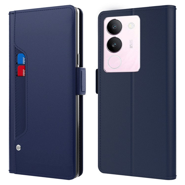 For vivo S17 5G Magnetic Closure Stand Case Mirror Design Card Holder PU Leather Phone Cover - Blue