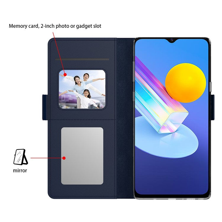 For vivo S17 5G Magnetic Closure Stand Case Mirror Design Card Holder PU Leather Phone Cover - Blue