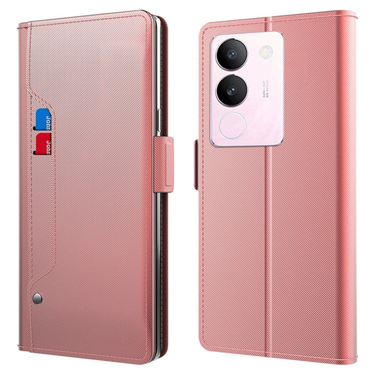 For vivo S17 5G Magnetic Closure Stand Case Mirror Design Card Holder PU Leather Phone Cover - Rose Gold