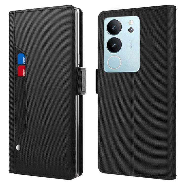 For vivo S17 Pro 5G Card Slot Cell Phone Cover PU Leather + TPU Supporting Stand Case with Mirror - Black