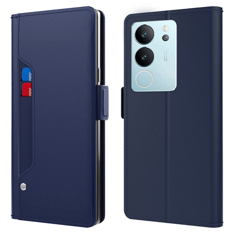 For vivo S17 Pro 5G Card Slot Cell Phone Cover PU Leather + TPU Supporting Stand Case with Mirror - Blue